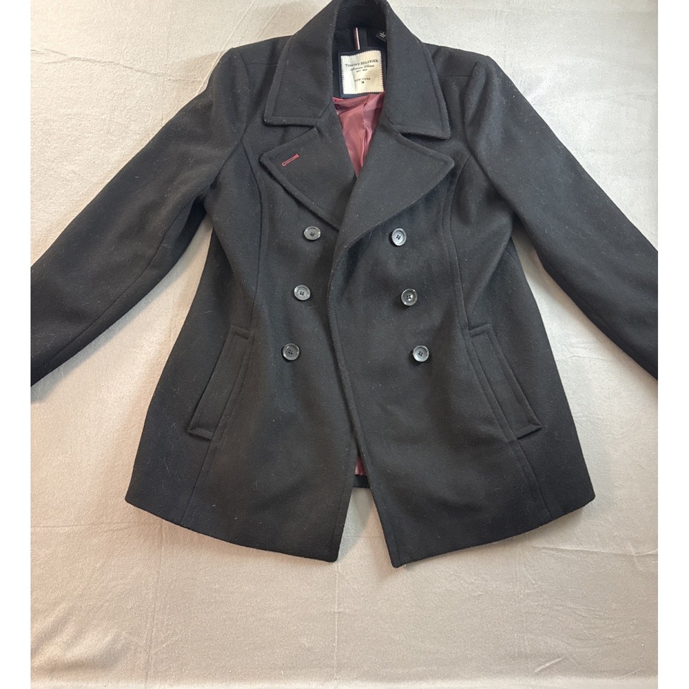 Tommy Hilfiger Woman's Pea Coat Black 52% Wool Burgundy Lining Women Large